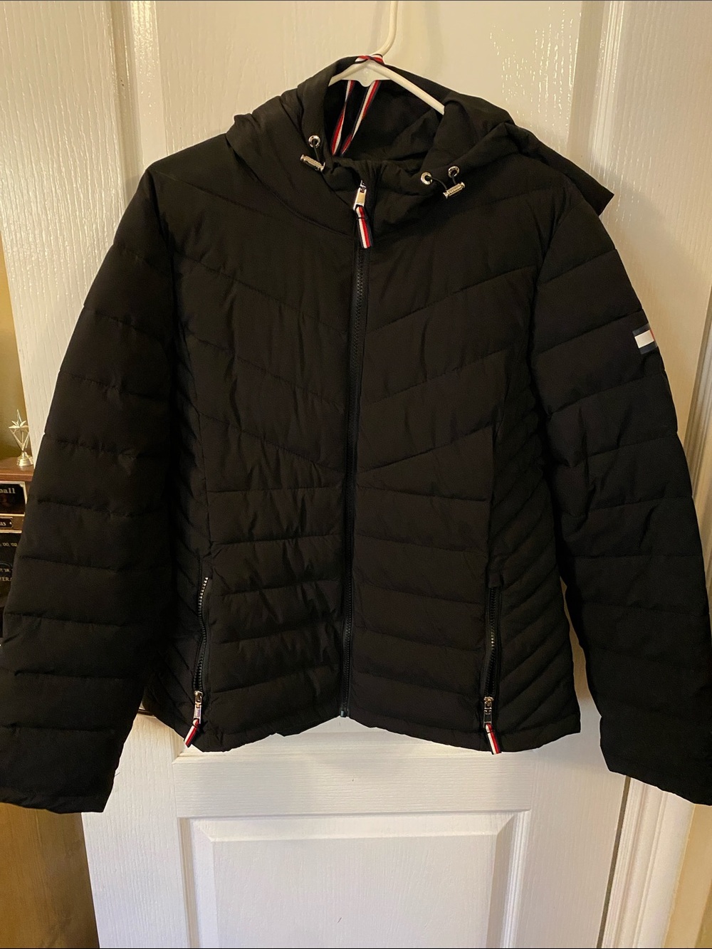 Tommy Hilfiger Black Quilted Hooded Puffer with Signature Trim